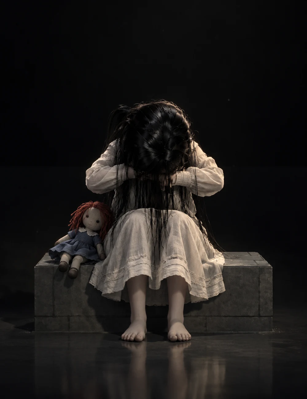 La Niña, con el pelo sobre la cara y su muñeca, sentada en la pose del bestiario de la demo.